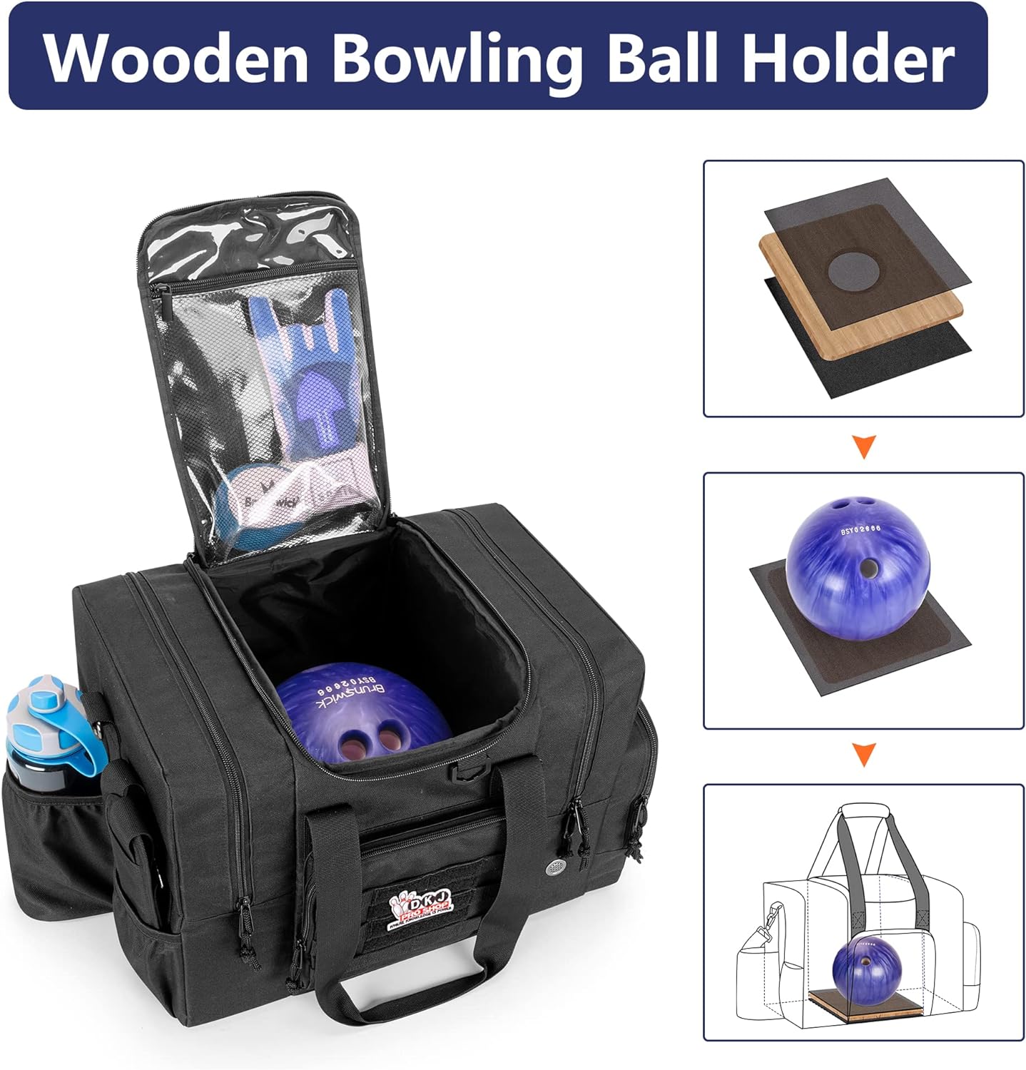 DSLEAF Bowling Ball Bag Hold Single Ball, Bowling Ball Tote with Upgraded Wooden Ball Holder and Separate Space for Shoes Up to US Mens 16, Extra Pockets for Essentials (Patent Design), Bag Only