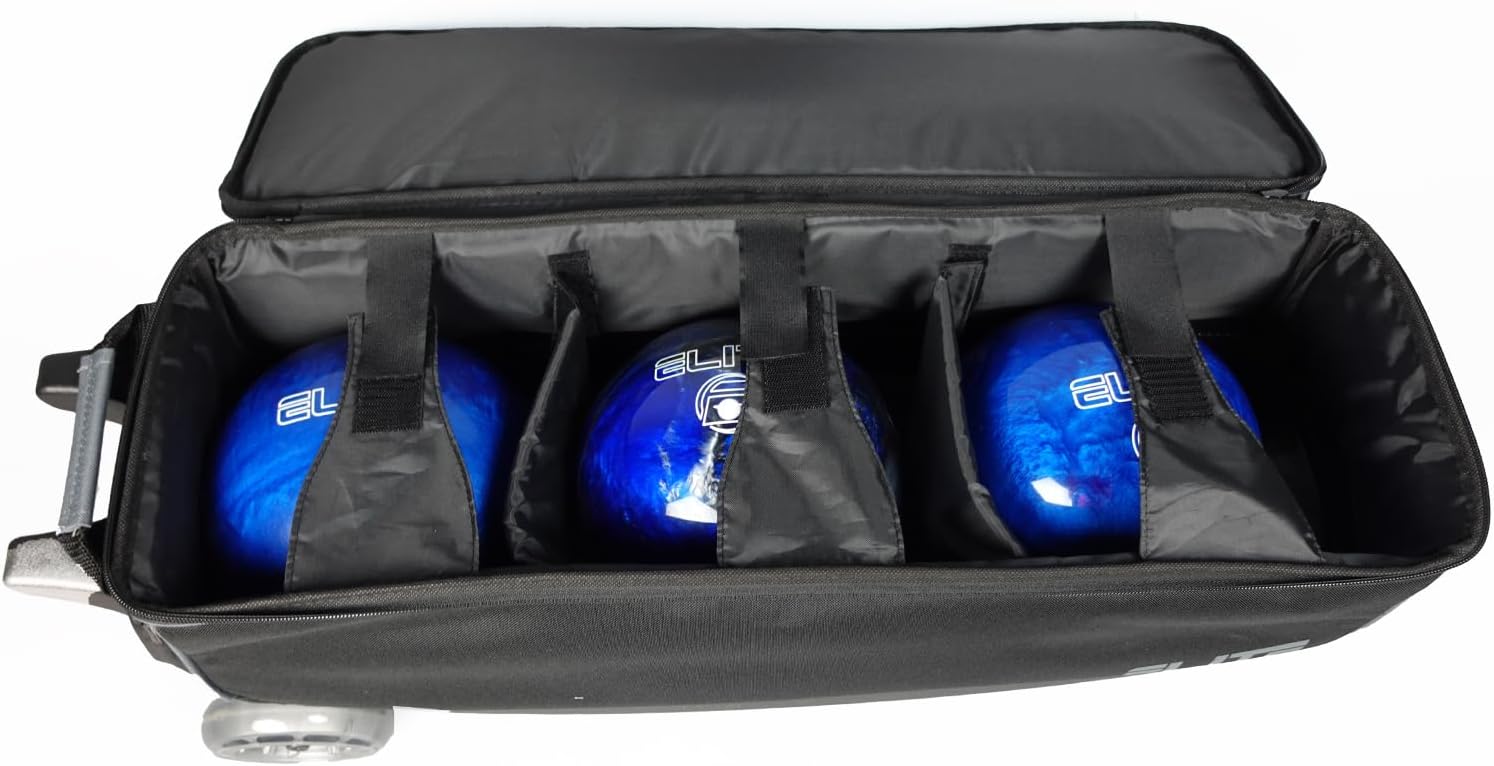 Elite Basic Triple Roller Black Bowling Bag - 3 Ball Roller, Fits 2 Pairs of Size 15 Shoes, Air Travel-Friendly
