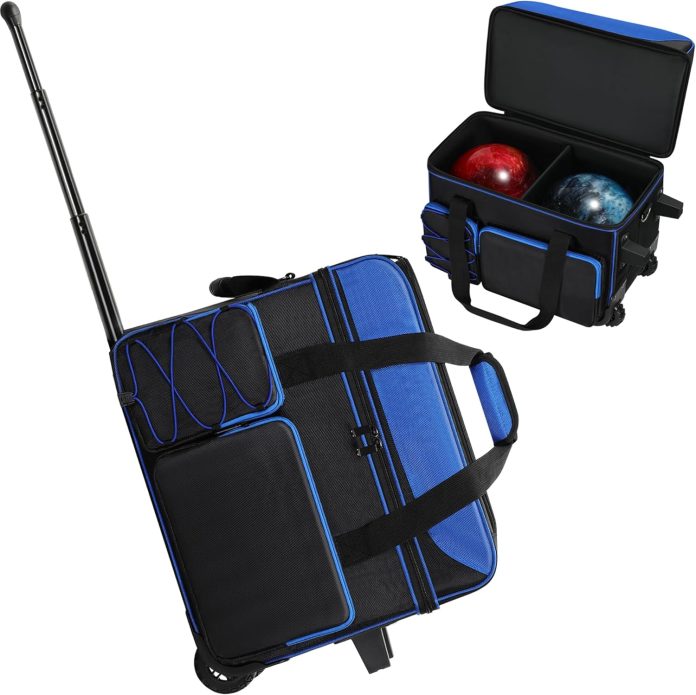double roller bowling bag with wheels large capacity pocket bowling ball bag for bowling shoes retractable handle for 2