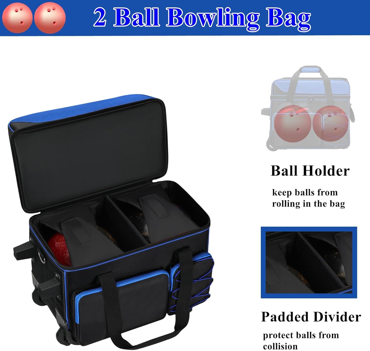 Double Roller Bowling Bag with Wheels, Large Capacity Pocket Bowling Ball Bag for Bowling Shoes, Retractable Handle for 2 Bowling Ball and Accessories Blue