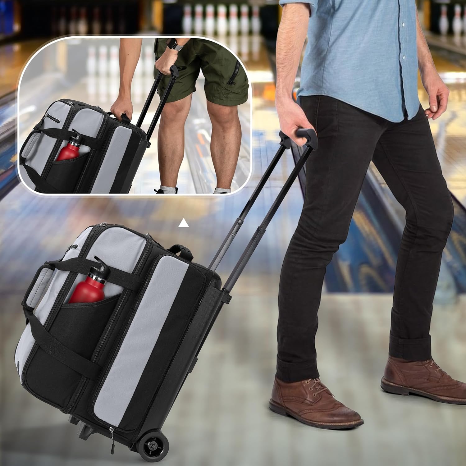 GOBUROS 2 Bowling Ball Roller Bag with Large Shoes Compartment(Up To US Mens Size 16), Bowling Bag with Wheels, Retractable Handle (Extends to 40) and Multiple Functional Organizer Pockets