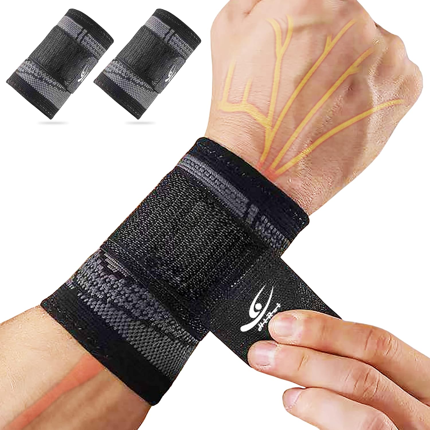 HiRui Wrist Brace/Wraps Wrist Compression Strap and Support for Work Fitness Weightlifting Sprains Tendonitis, Carpal Tunnel Arthritis, Pain Relief, Adjustable Wristbands 2 PACK (Black, M)