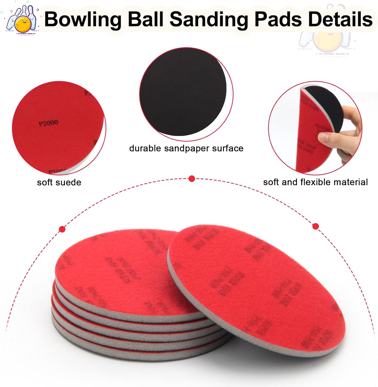 Windspeed 6+1 Pack Bowling Ball Sanding Pads with Bowling Towels, Bowling Ball Cleaning Pad 500/1000/2000 Bowling Ball Grit Pads