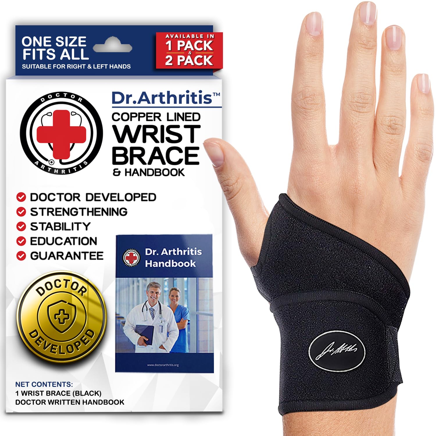 Dr. Arthritis Doctor Developed Copper Wrist Brace/Wrap for Carpal Tunnel Support, Splint Brace -F.D.A. Medical Device  Doctor Handbook-Night Support for Women Men-Right  Left hands (Single)