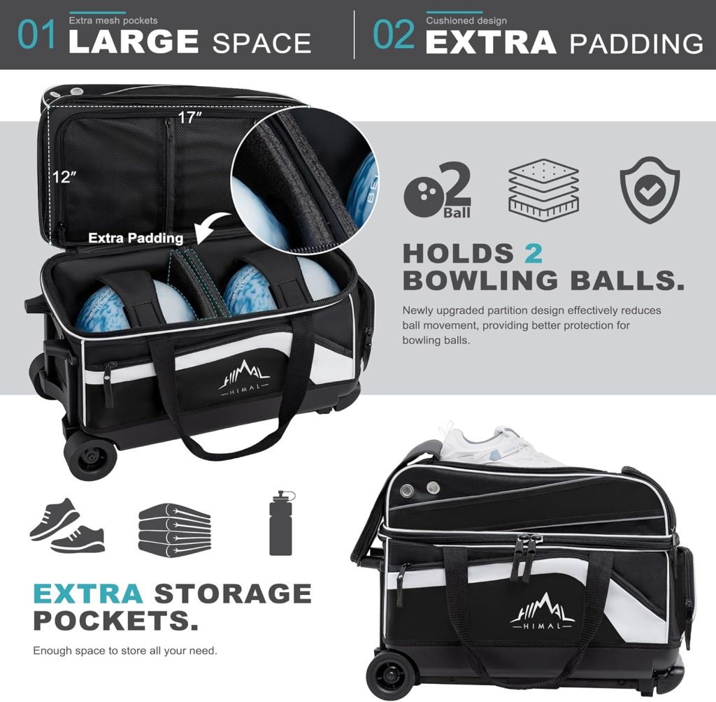 Double Roller 2 Ball Bowling Bag with Separate Shoe Compartment for Bowling Shoes (Up To US Men Size 15) and Abundant multifunction Accessory Pocket, Upgraded fabric, Retractable Handle - Extends to 40 Double Roller 2 Ball Bowling Bag with Separate Shoe Compartment for Bowling Shoes (Up To US Men Size 15) and Abundant multifunction Accessory Pocket, Upgraded fabric, Retractable Handle - Extends to 40
