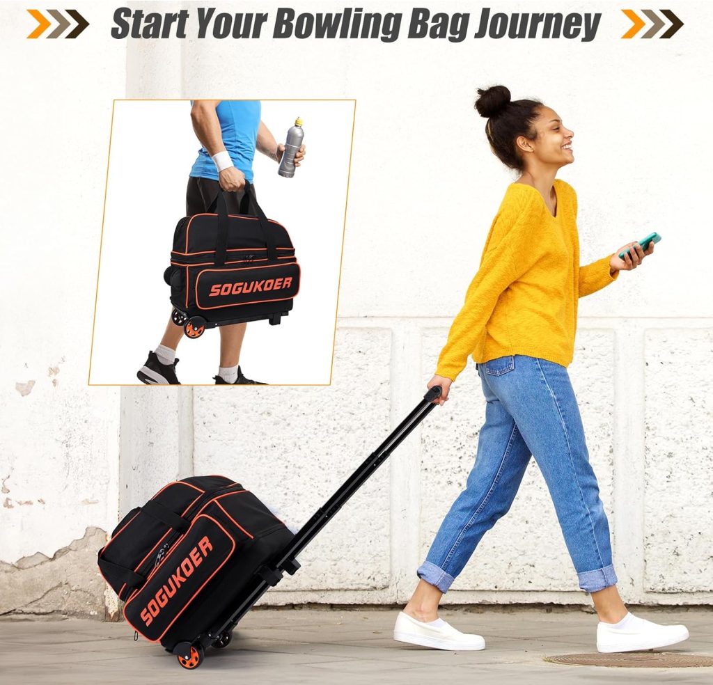 2 Bowling ball Bag with Wheels, Lightweight Trolley Double Ball Bowling bag with Large Separate Shoe Compartment and Oversized Accessory Pocket, Retractable Handle Extends To 39.5 2 Bowling ball Bag with Wheels, Lightweight Trolley Double Ball Bowling bag with Large Separate Shoe Compartment and Oversized Accessory Pocket, Retractable Handle Extends To 39.5
