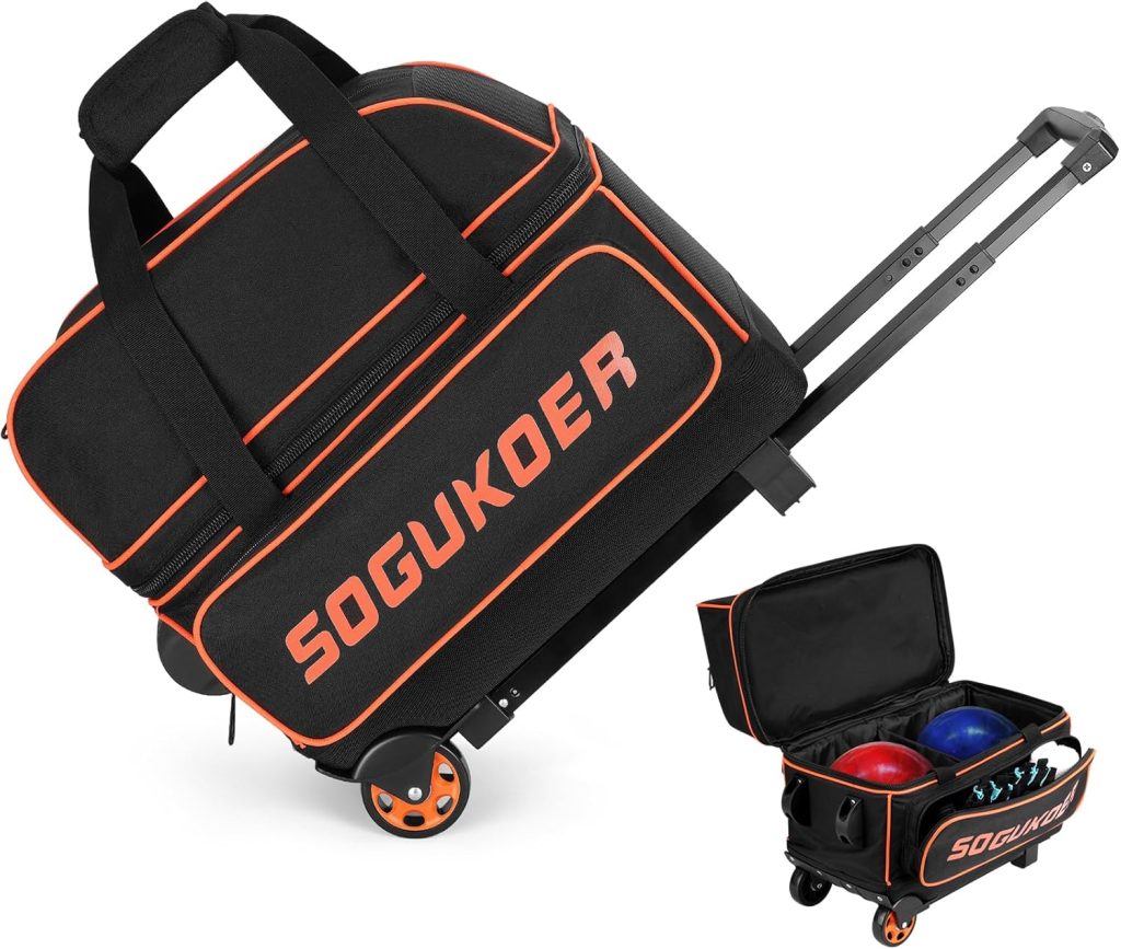 2 Bowling ball Bag with Wheels, Lightweight Trolley Double Ball Bowling bag with Large Separate Shoe Compartment and Oversized Accessory Pocket, Retractable Handle Extends To 39.5 2 Bowling ball Bag with Wheels, Lightweight Trolley Double Ball Bowling bag with Large Separate Shoe Compartment and Oversized Accessory Pocket, Retractable Handle Extends To 39.5