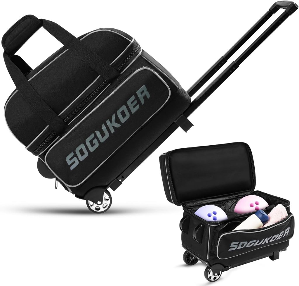 2 Bowling ball Bag with Wheels, Lightweight Trolley Double Ball Bowling bag with Large Separate Shoe Compartment and Oversized Accessory Pocket, Retractable Handle Extends To 39.5 2 Bowling ball Bag with Wheels, Lightweight Trolley Double Ball Bowling bag with Large Separate Shoe Compartment and Oversized Accessory Pocket, Retractable Handle Extends To 39.5