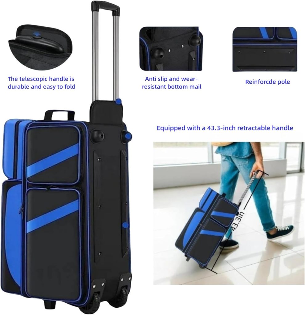 3-Ball Bowling Bag With Rollers, Fixed Bowling ball Cup With Fixed Buckle, Independent Shoe Compartment (Up To 16 Sizes),Multiple Bowling Accessory Pockets,Retractable Handle Extend Up to 43.3 Inches 3-Ball Bowling Bag With Rollers, Fixed Bowling ball Cup With Fixed Buckle, Independent Shoe Compartment (Up To 16 Sizes),Multiple Bowling Accessory Pockets,Retractable Handle Extend Up to 43.3 Inches
