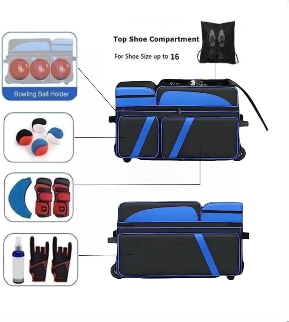 3-Ball Bowling Bag With Rollers, Fixed Bowling ball Cup With Fixed Buckle, Independent Shoe Compartment (Up To 16 Sizes),Multiple Bowling Accessory Pockets,Retractable Handle Extend Up to 43.3 Inches 3-Ball Bowling Bag With Rollers, Fixed Bowling ball Cup With Fixed Buckle, Independent Shoe Compartment (Up To 16 Sizes),Multiple Bowling Accessory Pockets,Retractable Handle Extend Up to 43.3 Inches