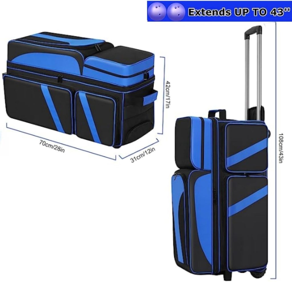 3-Ball Bowling Bag With Rollers, Fixed Bowling ball Cup With Fixed Buckle, Independent Shoe Compartment (Up To 16 Sizes),Multiple Bowling Accessory Pockets,Retractable Handle Extend Up to 43.3 Inches 3-Ball Bowling Bag With Rollers, Fixed Bowling ball Cup With Fixed Buckle, Independent Shoe Compartment (Up To 16 Sizes),Multiple Bowling Accessory Pockets,Retractable Handle Extend Up to 43.3 Inches