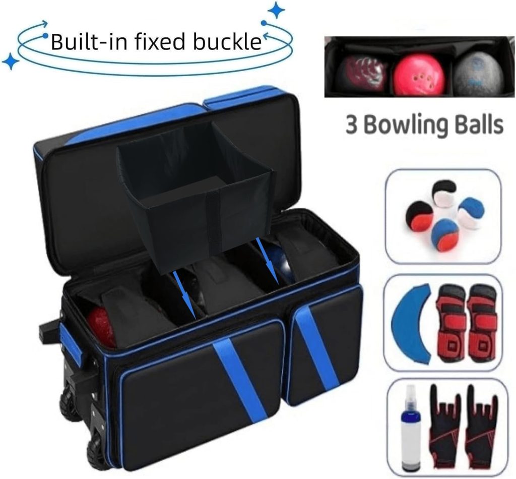 3-Ball Bowling Bag With Rollers, Fixed Bowling ball Cup With Fixed Buckle, Independent Shoe Compartment (Up To 16 Sizes),Multiple Bowling Accessory Pockets,Retractable Handle Extend Up to 43.3 Inches 3-Ball Bowling Bag With Rollers, Fixed Bowling ball Cup With Fixed Buckle, Independent Shoe Compartment (Up To 16 Sizes),Multiple Bowling Accessory Pockets,Retractable Handle Extend Up to 43.3 Inches