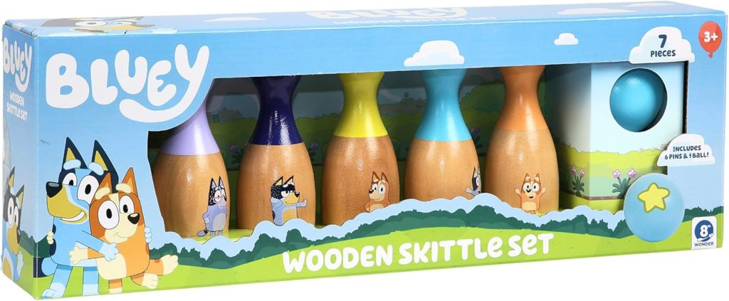 Bluey Wooden Bowling Set – Skittle Game with 6 Character Wooden Bowling Pins, Durable Toy for Kids Ages 3+, Indoor Outdoor Play Bluey Wooden Bowling Set – Skittle Game with 6 Character Wooden Bowling Pins, Durable Toy for Kids Ages 3+, Indoor Outdoor Play