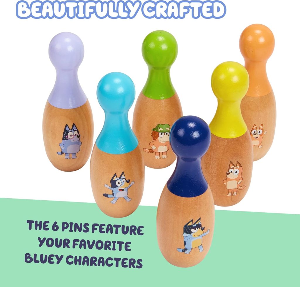 Bluey Wooden Bowling Set – Skittle Game with 6 Character Wooden Bowling Pins, Durable Toy for Kids Ages 3+, Indoor Outdoor Play Bluey Wooden Bowling Set – Skittle Game with 6 Character Wooden Bowling Pins, Durable Toy for Kids Ages 3+, Indoor Outdoor Play
