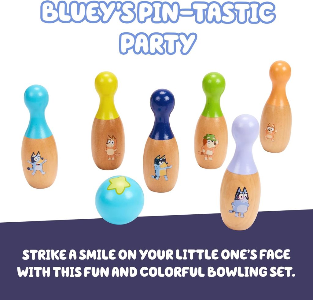 Bluey Wooden Bowling Set – Skittle Game with 6 Character Wooden Bowling Pins, Durable Toy for Kids Ages 3+, Indoor Outdoor Play Bluey Wooden Bowling Set – Skittle Game with 6 Character Wooden Bowling Pins, Durable Toy for Kids Ages 3+, Indoor Outdoor Play