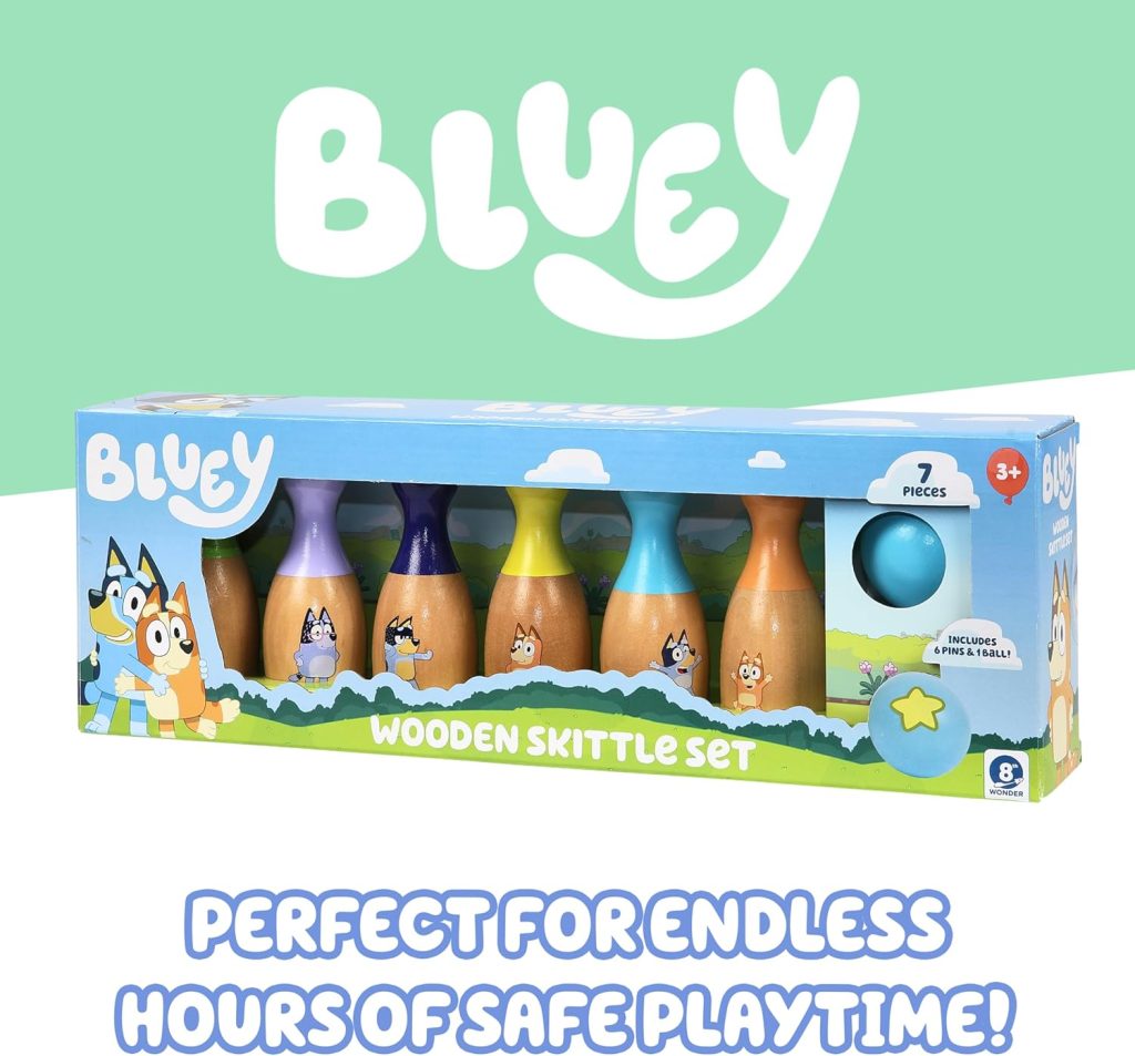 Bluey Wooden Bowling Set – Skittle Game with 6 Character Wooden Bowling Pins, Durable Toy for Kids Ages 3+, Indoor Outdoor Play Bluey Wooden Bowling Set – Skittle Game with 6 Character Wooden Bowling Pins, Durable Toy for Kids Ages 3+, Indoor Outdoor Play
